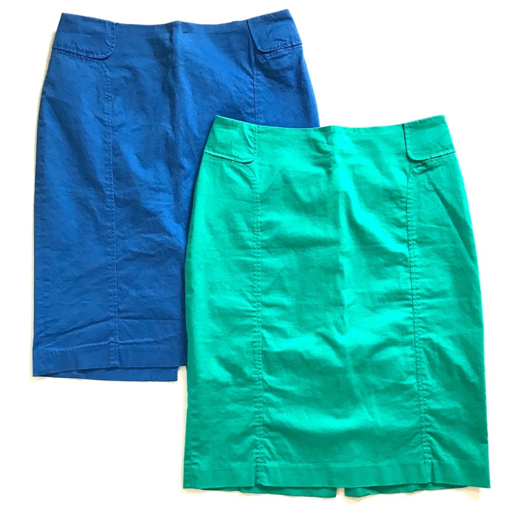 Set/2 Vintage Y2K NY & Co. Cobalt Blue Green Cotton Sateen Pencil Skirt Size 2